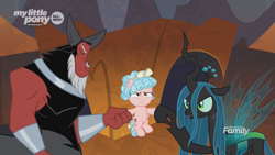 Size: 1273x716 | Tagged: safe, screencap, cozy glow, lord tirek, queen chrysalis, centaur, changeling, changeling queen, pegasus, pony, the beginning of the end, cozy glow is not amused, female, filly, foal, legion of doom, male