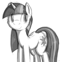 Size: 700x710 | Tagged: safe, artist:tg-0, derpibooru import, twilight sparkle, pony, unicorn, female, mare, monochrome, simple background, smiling, solo, white background