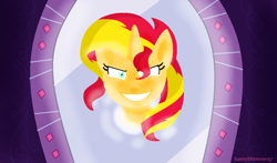 Size: 1011x594 | Tagged: safe, artist:a-r-i-a-1997, sunset shimmer, equestria girls, evil, evil grin, grin, magic mirror, mirror, portal, solo