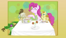 Size: 1029x600 | Tagged: safe, artist:gor1ck, gummy, pinkie pie, pound cake, pumpkin cake, earth pony, pony, biting, food, older, soup, table, tail bite