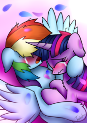 Size: 2480x3507 | Tagged: safe, artist:twidasher, derpibooru import, rainbow dash, twilight sparkle, pegasus, pony, unicorn, blushing, chest fluff, crying, eyes closed, eyeshadow, female, floppy ears, lesbian, makeup, mare, open mouth, sad, shipping, spread wings, twidash, wavy mouth, wings