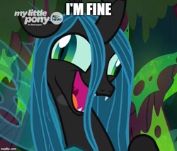 Size: 584x500 | Tagged: safe, edit, edited screencap, screencap, queen chrysalis, changeling, changeling queen, the beginning of the end, caption, crazy eyes, crazy face, crazylis, derp, discovery family logo, faic, female, image macro, insanity, laughing, majestic as fuck, meme, open mouth, solo, swamp, telling lies, text
