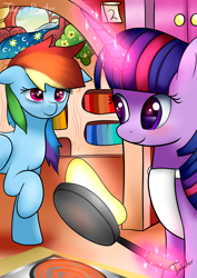 Size: 2480x3507 | Tagged: safe, artist:twidasher, derpibooru import, rainbow dash, twilight sparkle, pegasus, pony, unicorn, apron, bags under eyes, bed, bookshelf, clothes, cooking, female, food, frying pan, golden oaks library, lesbian, looking at each other, magic, pancakes, raised hoof, shipping, sleepy, smiling, telekinesis, twidash