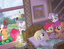 Size: 1000x771 | Tagged: safe, artist:tonyfleecs, idw, apple bloom, derpy hooves, rover, scootaloo, sweetie belle, diamond dog, pegasus, pony, clothes, comic cover, costume, cover, female, goldilocks and the three bears, mare, the three little pigs