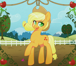 Size: 832x733 | Tagged: safe, artist:lolopan, applejack, earth pony, pony, apple, fence, food, raised hoof, solo, sweet apple acres