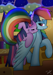 Size: 2480x3507 | Tagged: safe, artist:twidasher, derpibooru import, rainbow dash, twilight sparkle, pegasus, pony, unicorn, bookshelf, carrying, female, golden oaks library, lesbian, lidded eyes, looking at you, night, open mouth, raised hoof, shipping, sleepy, smiling, stairs, tired, twidash