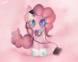 Size: 1500x1200 | Tagged: safe, artist:mintysweets, pinkie pie, earth pony, pony, clothes, headphones, lollipop, mouth hold, socks