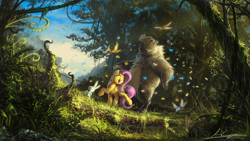 Size: 1920x1080 | Tagged: safe, artist:huussii, angel bunny, fluttershy, harry, bear, bird, butterfly, pegasus, pony, animal, crepuscular rays, detailed, eyes closed, female, forest, happy, mare, open mouth, scenery, scenery porn, wallpaper