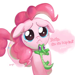 Size: 1024x1024 | Tagged: safe, artist:amy30535, gummy, pinkie pie, pony, :<, cute, diapinkes, floppy ears, frown, implied igneous rock, looking up, puppy dog eyes, sad, simple background, solo, white background