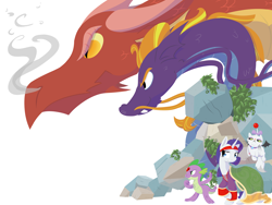 Size: 2000x1500 | Tagged: safe, artist:geomancing, basil, opalescence, rarity, spike, steven magnet, tom, dragon, pony, unicorn, bahamut, carbuncle, final fantasy, final fantasy tactics, fire ruby, golem, leviathan, moogle, rock