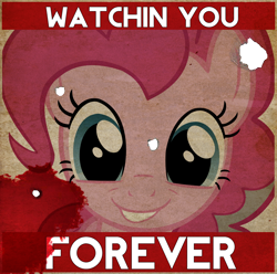 Size: 1426x1413 | Tagged: safe, artist:retro melon, pinkie pie, earth pony, pony, fallout equestria, blood, bullet hole, fallout, fanfic, fanfic art, female, forever, looking at you, mare, ministry mares, ministry of morale, pinkie pie is watching you, poster, propaganda, propaganda poster, smiling, solo, teeth, text