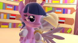 Size: 1600x900 | Tagged: safe, artist:nightblader, derpy hooves, twilight sparkle, twilight sparkle (alicorn), alicorn, pony, 3d, comforting, female, gmod, hug, library, mare, muffin, sitting