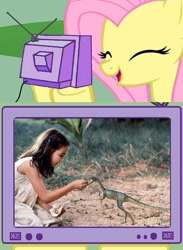 Size: 563x771 | Tagged: safe, fluttershy, dinosaur, pegasus, pony, compsognathus, exploitable meme, fs doesn't know what she's getting into, happy, jurassic park, meme, philosophy in the comments, the lost world, this will end in tears, tv meme