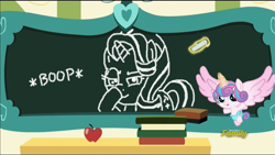 Size: 1920x1080 | Tagged: safe, edit, edited screencap, screencap, princess flurry heart, starlight glimmer, pony, a flurry of emotions, boop, chalkboard, discovery family logo, exploitable meme, flurry art, flurry heart's chalkboard, glimmerposting, meme, princess flurry smart, self-boop, solo