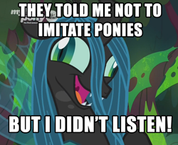 Size: 872x712 | Tagged: safe, edit, edited screencap, editor:wild stallions, screencap, queen chrysalis, changeling, changeling queen, the beginning of the end, crazylis, derp, exploitable meme, female, i didn't listen, image macro, meme, text