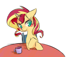 Size: 600x450 | Tagged: safe, artist:phyllismi, sunset shimmer, pony, unicorn, blush sticker, blushing, chair, colored pupils, crossed hooves, female, floppy ears, mare, mug, simple background, solo, table, white background