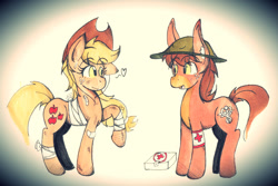 Size: 953x637 | Tagged: safe, applejack, oc, oc:charlie foxtrot, earth pony, mule, pony, ask lying applejack, bandage