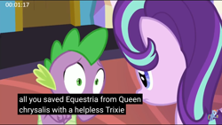 Size: 2560x1440 | Tagged: safe, screencap, spike, starlight glimmer, dragon, pony, unicorn, celestial advice, helpless, meme, twilight's castle, youtube caption