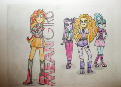 Size: 1321x952 | Tagged: safe, artist:blazingdazzlingdusk, artist:ed-skar, adagio dazzle, aria blaze, sonata dusk, sunset shimmer, equestria girls, rainbow rocks, crossover, drawing, mean girls, parody, pose, the dazzlings, traditional art