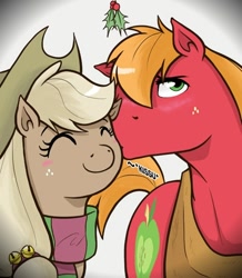 Size: 434x498 | Tagged: safe, artist:redhotkick, applejack, big macintosh, earth pony, pony, ask big red macintosh, discorded, holly, holly mistaken for mistletoe, kissing, male, stallion