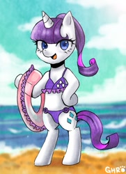 Size: 650x897 | Tagged: safe, rarity, pony, unicorn, ask-rarity-kor, beach, bikini, bipedal, clothes, floaty, ga-on, inner tube, solo, swimsuit