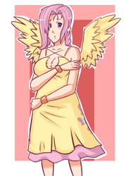 Size: 860x1181 | Tagged: safe, artist:slipe, fluttershy, clothes, female, humanized, pink hair, solo, winged humanization