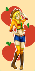 Size: 1300x2600 | Tagged: safe, artist:chorchori, applejack, belly button, belt, clothes, denim shorts, front knot midriff, humanized, legs, midriff, one eye closed, solo, wink