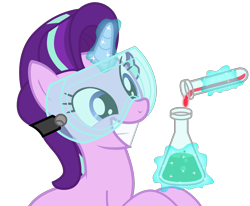 Size: 2556x2102 | Tagged: safe, artist:sonofaskywalker, starlight glimmer, pony, unicorn, celestial advice, beaker, cute, female, flask, glimmerbetes, goggles, grin, happy, levitation, liquid, magic, mare, safety goggles, science, simple background, smiling, solo, squee, telekinesis, test tube, this will end in science, transparent background, vector