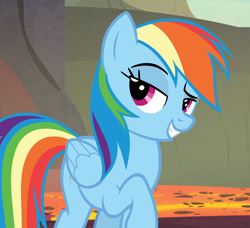 Size: 1150x1050 | Tagged: safe, derpibooru import, screencap, rainbow dash, pegasus, pony, shadow play, amused, cocky, cropped, dragon lands, female, folded wings, grin, head tilt, lava, lidded eyes, mare, raised eyebrow, raised hoof, smiling, smirk, solo, wings