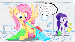 Size: 1280x720 | Tagged: safe, fluttershy, rarity, pegasus, pony, unicorn, clothes, dialogue, magic, messy mane