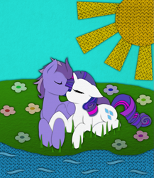 Size: 833x960 | Tagged: safe, artist:alexutzu4000, rarity, oc, oc:kydose, pegasus, pony, unicorn, canon x oc, cuddling, kissing, love, raridose, river, shipping, snuggling, stream, sun