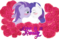 Size: 1024x690 | Tagged: safe, artist:alexutzu4000, rarity, oc, oc:kydose, pegasus, pony, unicorn, blushing, canon x oc, love, nose rub, rose, shipping