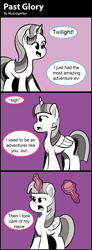 Size: 500x1357 | Tagged: safe, artist:moonlightfan, starlight glimmer, twilight sparkle, twilight sparkle (alicorn), alicorn, pony, unicorn, a flurry of emotions, arrow in the knee, arrow to the knee, comic, monochrome, skyrim, skyrim guard lines, the elder scrolls