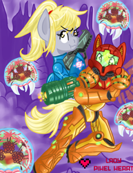 Size: 2975x3850 | Tagged: safe, artist:ladypixelheart, derpy hooves, pegasus, pony, crossover, female, mare, metroid, metroid (species), nintendo, samus aran