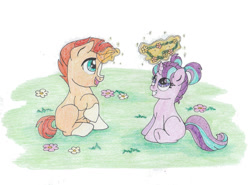 Size: 1024x756 | Tagged: safe, artist:sonic-spatula, starlight glimmer, sunburst, pony, colt, colt sunburst, female, filly, filly starlight glimmer, floral head wreath, flower, male, younger