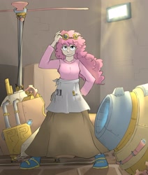 Size: 1650x1950 | Tagged: safe, artist:stupidyou3, pinkie pie, human, apron, building, clothes, female, humanized, long skirt, looking at you, party cannon, skirt, solo, steampunk, steampunk is magic, wrench