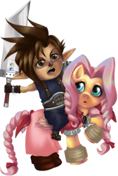 Size: 670x1000 | Tagged: safe, artist:tenaflyviper, fluttershy, pegasus, pony, aerith gainsborough, cloud strife, crossover, final fantasy, final fantasy vii, final fantasy xi, tarutaru