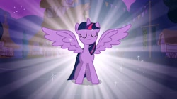 Size: 1920x1080 | Tagged: safe, derpibooru import, screencap, twilight sparkle, twilight sparkle (alicorn), alicorn, pony, magical mystery cure, cottage, flag, majestic, night, official, spread wings, wings