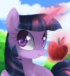 Size: 600x650 | Tagged: dead source, safe, artist:loyaldis, derpibooru import, twilight sparkle, apple, female, food, heart eyes, magic, solo, wingding eyes