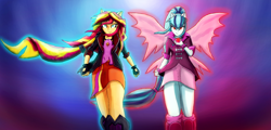 Size: 3200x1530 | Tagged: safe, artist:crunchtherobot, sonata dusk, sunset shimmer, equestria girls, female, fin wings, lesbian, ponied up, shipping, sunata