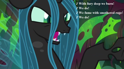 Size: 1008x560 | Tagged: safe, edit, edited screencap, screencap, queen chrysalis, changeling, changeling queen, the beginning of the end, crazylis, cropped, female, gilbert and sullivan, lyrics, song reference, text, utopia limited