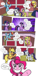 Size: 3000x6056 | Tagged: safe, artist:perfectblue97, derpibooru import, applejack, fluttershy, pinkie pie, rainbow dash, rarity, twilight sparkle, unicorn twilight, earth pony, pegasus, pony, unicorn, comic:shadows of the past, barn, comic, mane six, pinkamena diane pie, sweet apple acres