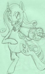 Size: 693x1128 | Tagged: safe, artist:trojan-pony, rarity, cyborg, pony, unicorn, bipedal, gun, machine gun, sketch, solo, weapon