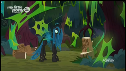 Size: 1366x768 | Tagged: safe, screencap, queen chrysalis, changeling, changeling queen, the beginning of the end, female, forest, log, solo