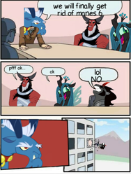 Size: 540x718 | Tagged: safe, grogar, king sombra, lord tirek, queen chrysalis, changeling, changeling queen, pony, unicorn, the beginning of the end, boardroom suggestion, crazylis, employer meme, exploitable meme, female, lol, male, meme, speech bubble