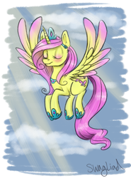 Size: 887x1200 | Tagged: safe, artist:vengefulwolf74, fluttershy, alicorn, pony, alicornified, crown, fluttercorn, flying, race swap, solo