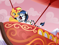 Size: 1045x802 | Tagged: safe, artist:brianblackberry, sunset shimmer, oc, oc:nightfall, pony, equestria girls, airship, blushing, canon x oc, female, lesbian, shipping