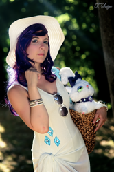 Size: 636x960 | Tagged: safe, artist:yuichan90, opalescence, rarity, human, basket, bracelet, cosplay, hat, irl, irl human, photo, plushie, solo, sunglasses