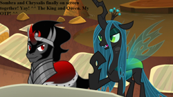 Size: 1280x720 | Tagged: safe, edit, edited screencap, screencap, king sombra, queen chrysalis, changeling, changeling queen, pony, the beginning of the end, armor, caption, changeling horn, chrysombra, crown, curved horn, female, green eyes, horn, male, red cape, red eyes, red horn, shipping, straight, wings