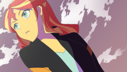 Size: 1280x720 | Tagged: safe, artist:kona1025, sunset shimmer, equestria girls, clothes, female, jacket, kill la kill, leather jacket, low angle, parody, pixiv, solo